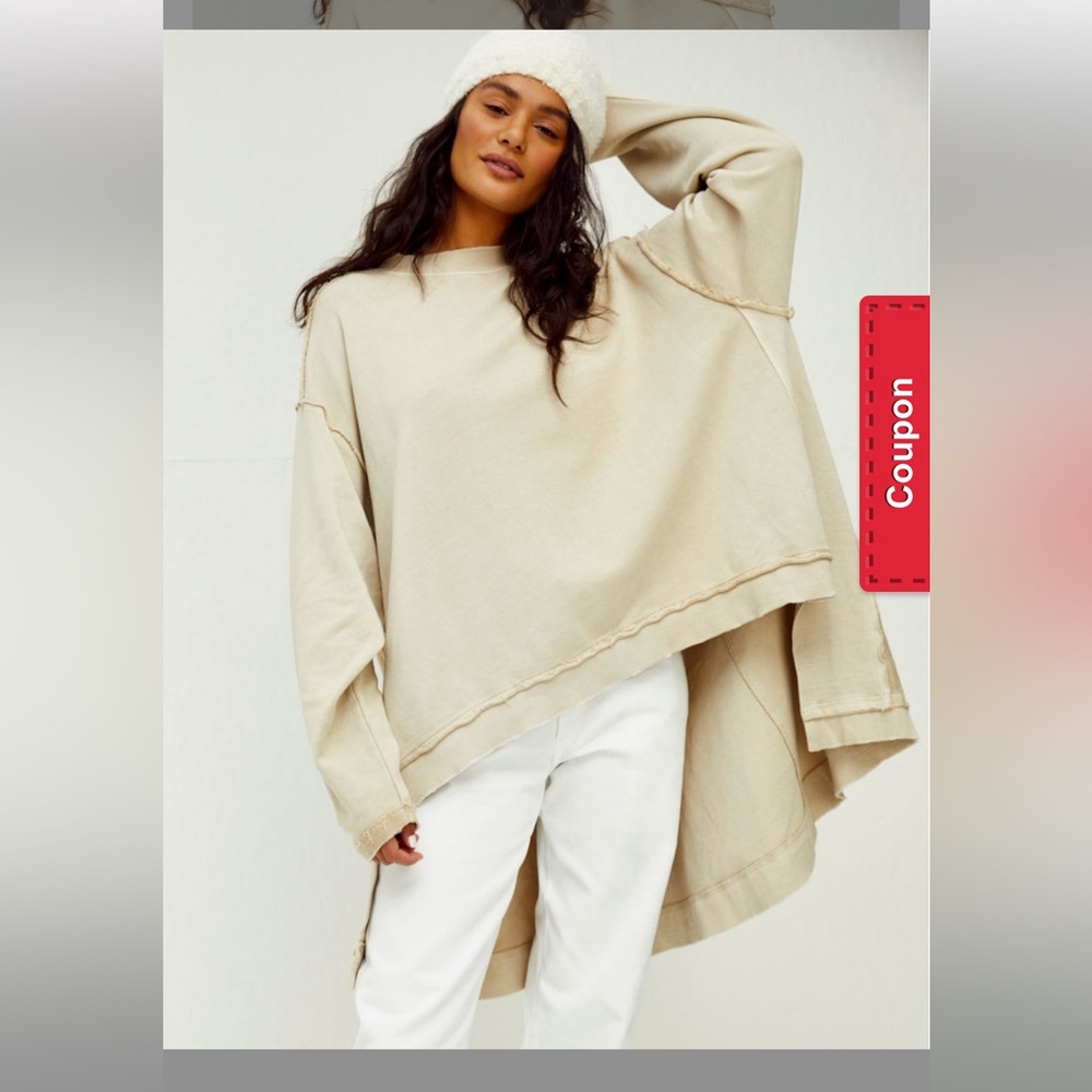 Free People Iggy Pullover Sweatshirt Large Stone Oversized